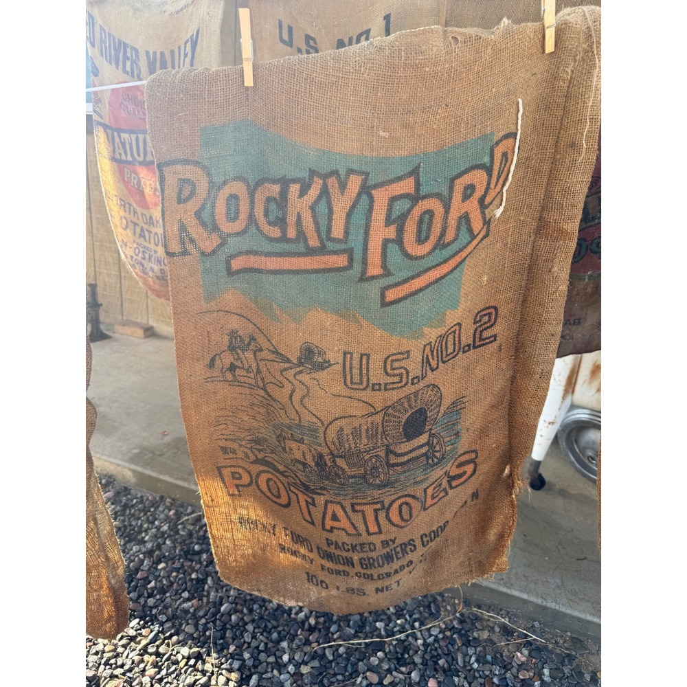 Vintage Rocky Ford Potato Burlap Sack Brown Colorado Onion Growers Wagon Graphic